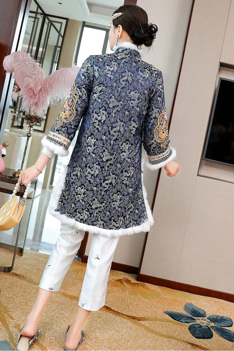 

New Top Quality Brand Chinese Dress 2021 Warm Winter Party Vintage Women Thick Cotton Padded Lurex Embroidery Parka Dress Qipao
