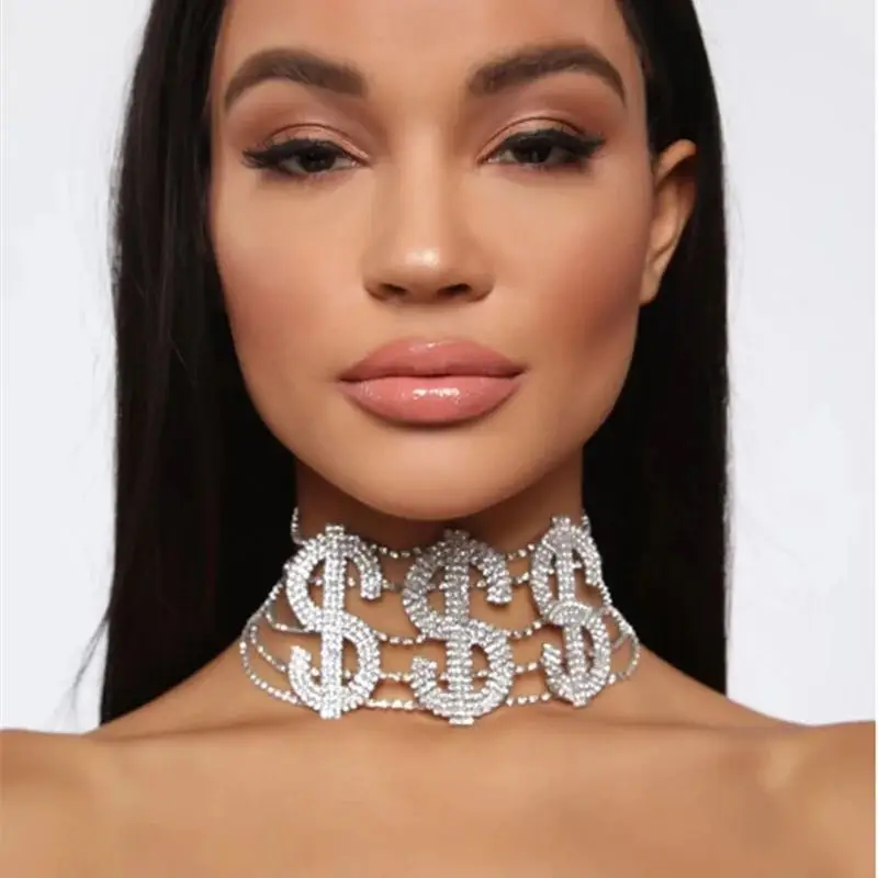 

Luxury Iced Out Rhinestone Chain Dollar Necklace Statement Choker Women Fashion Crystal USD Shape Necklace Chain Party Jewelry