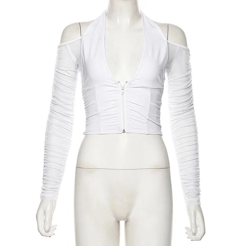 

Fashion Summer Clothes for Women V-neck Mesh Patchwork T-shirt Net Yarn Long Sleeves Halter Cardigan Slim Short T-shirt Women