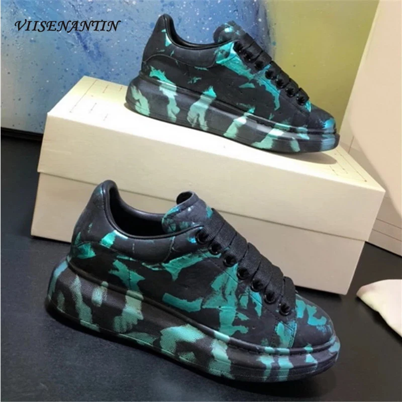 

Camouflage graffiti thick bottom shoes spring and summer Velcro increase cowhide all-match mixed color couple sneakers trend