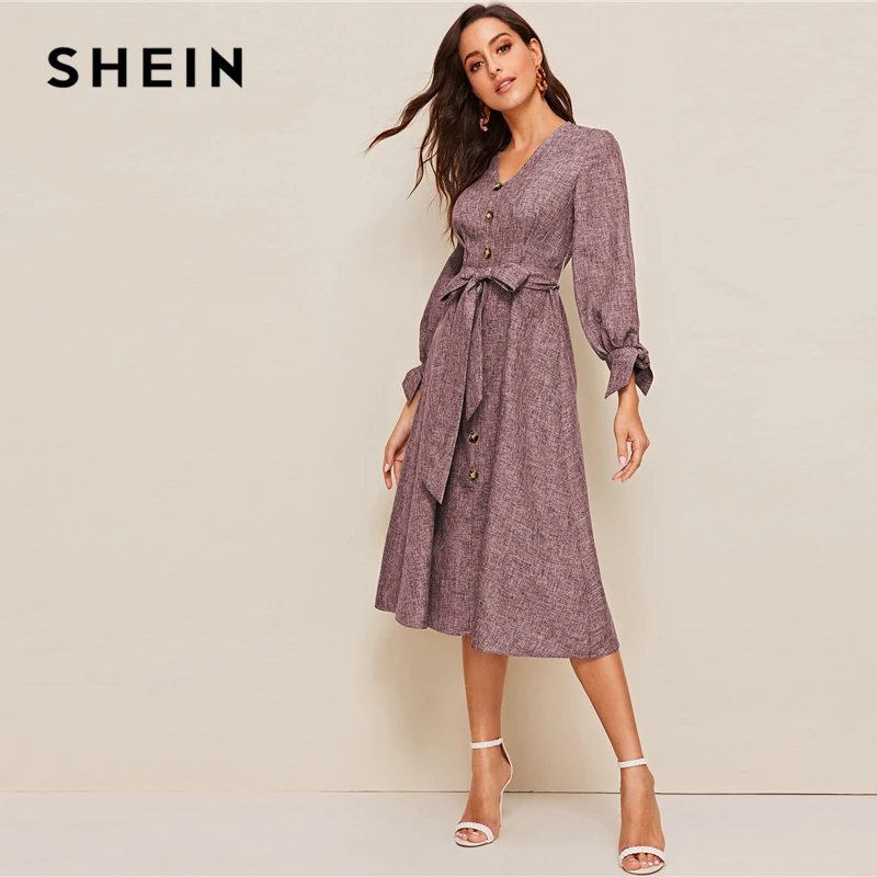 SHEIN летнее платье с v-образным вырезом на пуговицах и манжетах спереди, элегантное платье трапециевидной формы с бантом и высокой талией, коллекция года, весна-осень