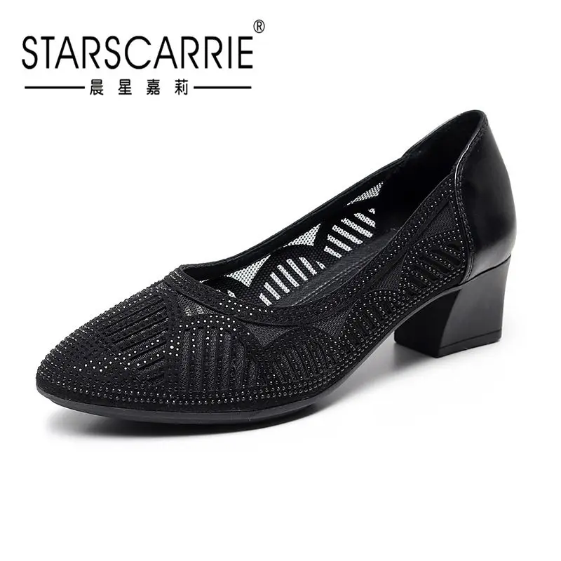 

Spring and summer middle heel inlaid diamond mesh sandals female summer net mother shoes middle aged female sandals
