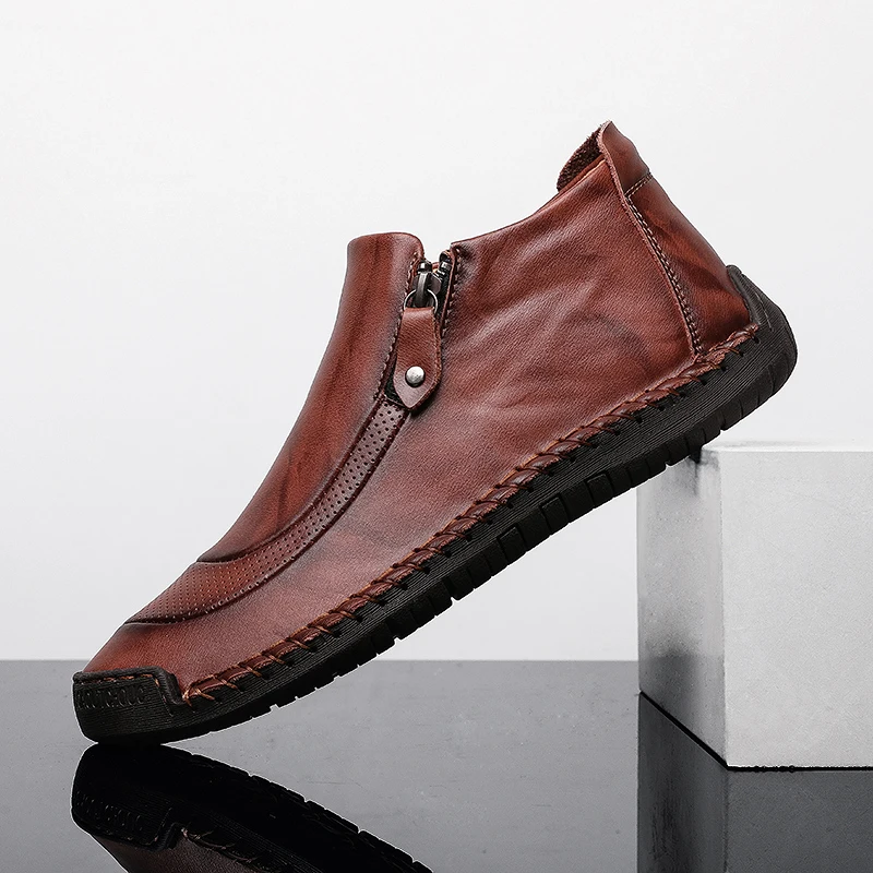 Autumn Red Brown Valstone/Мужская зимняя повседневная кожаная обувь ручной работы плюшевые кроссовки Уличная обувь на молнии высокий ботинок Мокасины без застежки, большие размеры 48 - Цвет: Autumn Red Brown