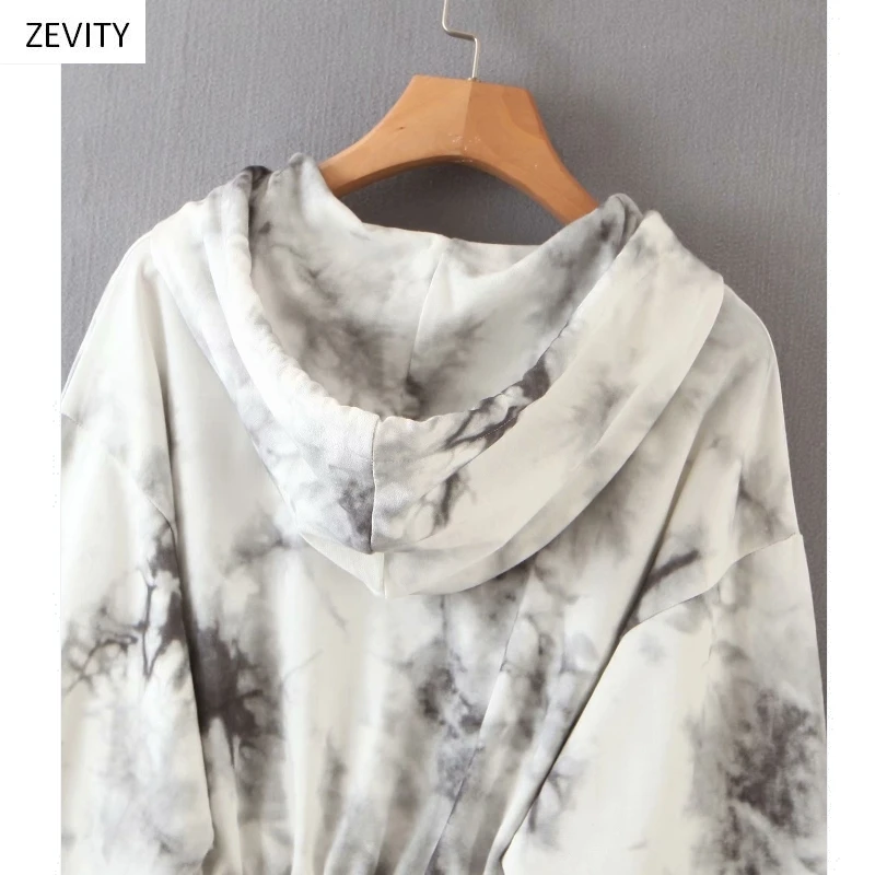 Zevity New 2020 Women vintage ink tie dyed painting casual hooded sweatershirts ladies hem elastic hoodies brand chic tops H300 | Женская