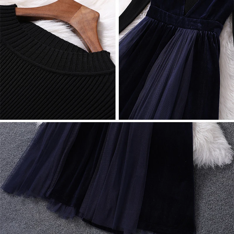 

New Fashion Woman Dress 2019 Autumn Winter Clothes Elegant Long Sleeve Black Base Knitted Sweater+Velour Patchwork Tulle Dress