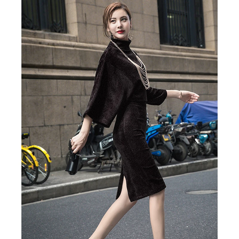 Восстановите женское платье комплект новый высокий воротник сплит женские