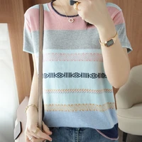 short sleeve women pullover ladies summer 2022 the new ice silk o neck striped knitted tshirts feminine sexy fashion sweaters