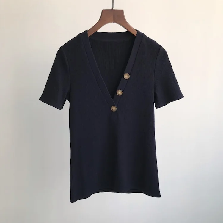 

Summer Spring and 2021 Style Button V-neck Short-sleeved Wild Slim Short-sleeved T-shirt Women's Shirt