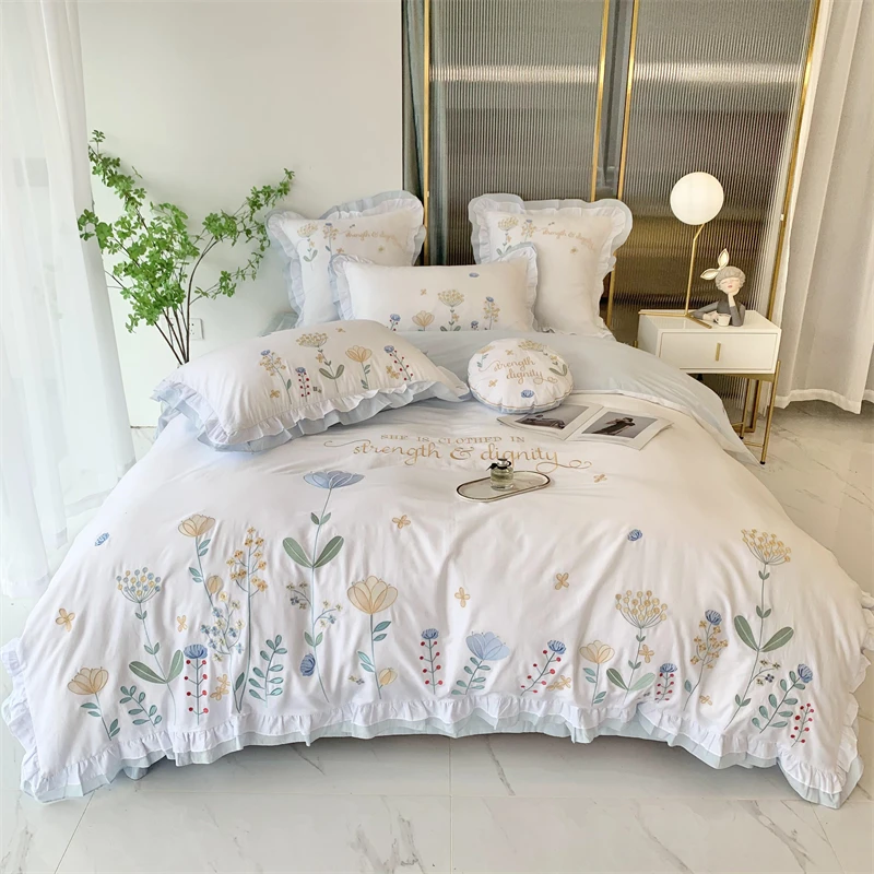 

Luxury Princess Bedding Set 400TC Cotton Flowers Embroidery Ruffles Duvet Cover Set Quilt Cover Bed Comforter Set Fitted Sheet