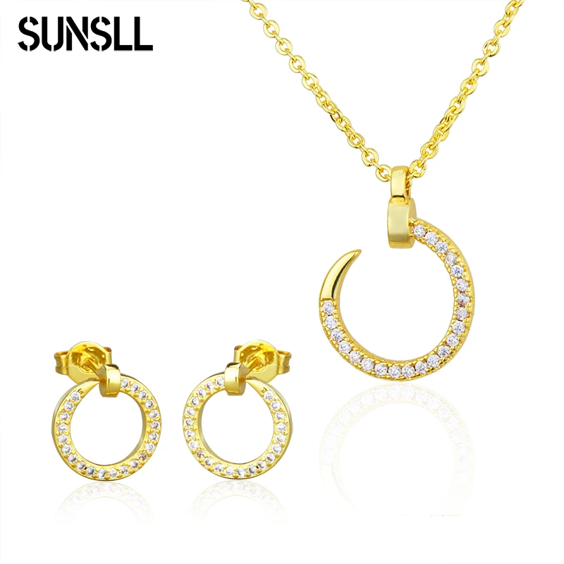 

SUNSLL Round Pendant Necklace Earrings Sets Cubic Zirconia Round Nail Design Korea Fashion Classic Wedding Jewelry Set for Women