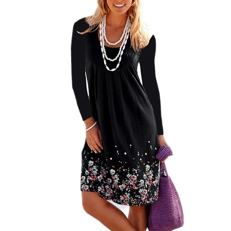 

Женское цельнокроеное платье с цветочным принтом, красное, черное свободное ТРАПЕЦИЕВИДНОЕ ПЛАТЬЕ средней длины с длинным рукавом и высоко...