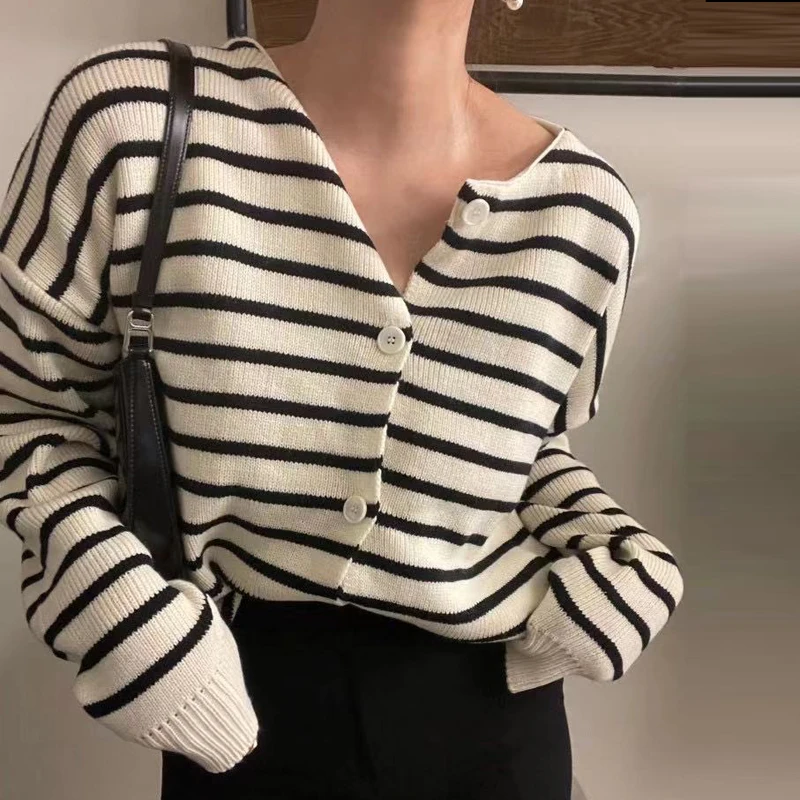 

Женский винтажный свитер в полоску, вязаные универсальные джемперы с длинным рукавом, 2021