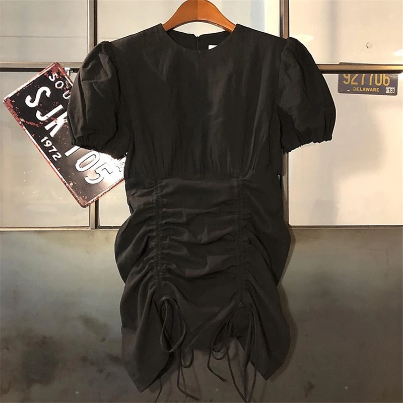 

Women Korean white Drawstring Bodycon Mini Sexy Dress 2021 fashion elegant puff short Sleeve Summer Dress female vestidos
