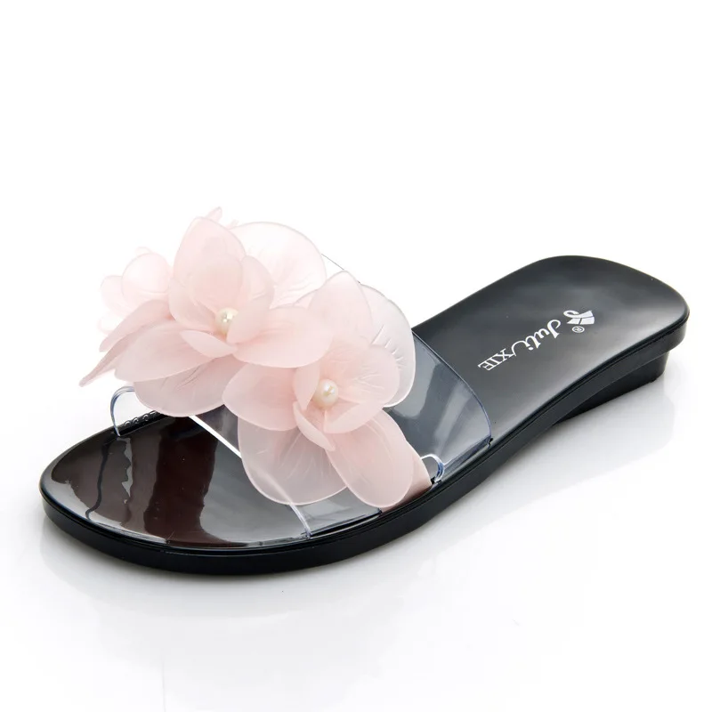 New Summer Slippers Female Flower Crystal Jelly Sandals and Slippers Fashion Non-slip Outer Wear Flat Transparent Beach Shoes