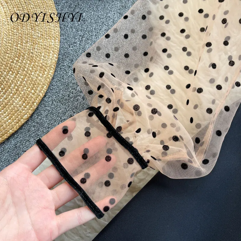 

Temperament Dress 2021 Spring New Women's Korean Style Polka Dot Mesh Puff Sleeve A-line Dress Party Ladies Black Sundress VT56