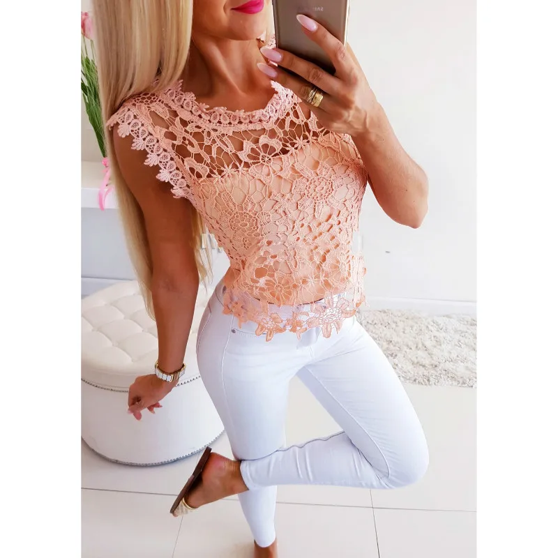 Модный женский кружевной топ без рукавов Женская летняя Однотонная футболка |