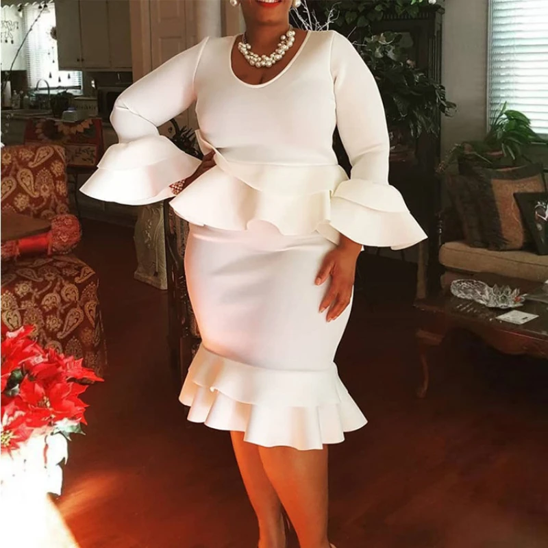 

White Knee Length Dresses O Neck Long Sleeve High Waist Bodycon Ruffles Office Evening Birthday Party Dress Plus Size 4XL 5XL