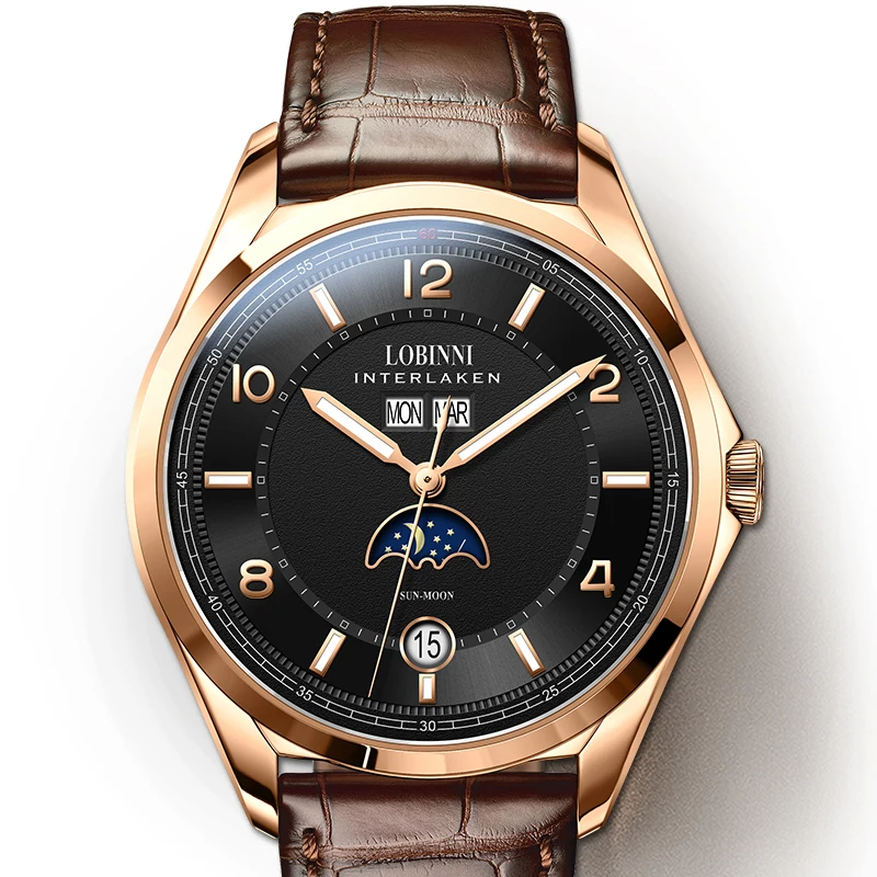 Rose gold Black Швейцарские роскошные Брендовые Часы LOBINNI, Мужские автоматические механические часы, многофункциональные сапфировые часы с фазой Луны L18016 - Цвет: Rose gold Black