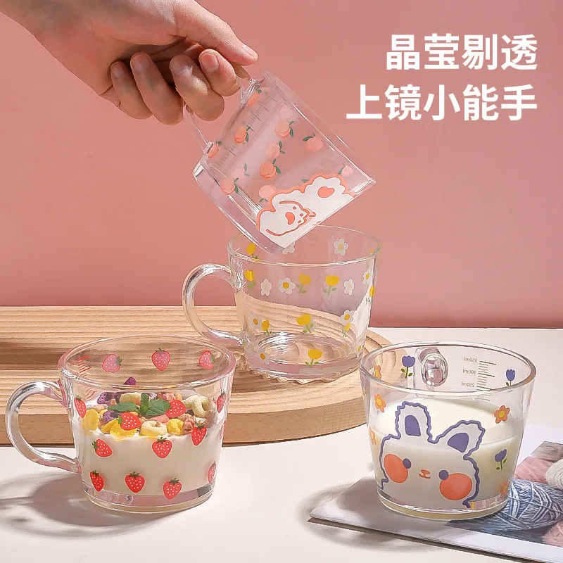 Cute Strawberry Bunny Holding Cup With Scale Glass Bowl Breakfast Cereal Milk Coffee Oatmeal Heat Resistant Kawaii Mug