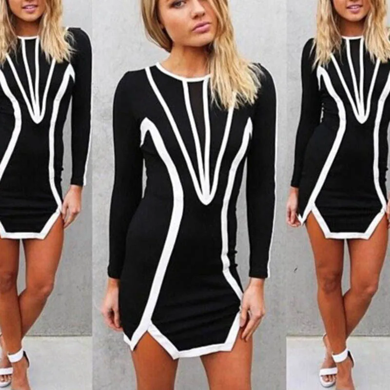 

Женское мини-платье с длинным рукавом, черное или белое Повседневное платье в стиле пэчворк на весну и осень