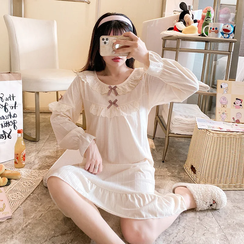 2021 Spring New Nightdress Women's Collar Pit Strip Long Sleeve Medium Length Solid Color Lovely Princess Dress Sexy Nightgown