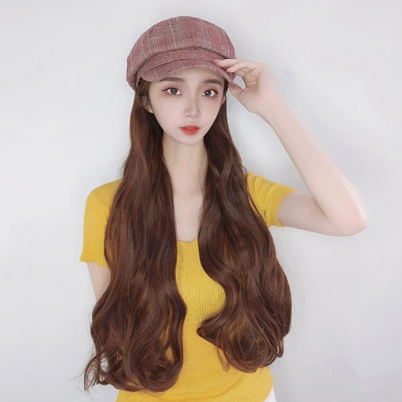 

Octagonal hat with long wavy hair wig hat wig synthetic hair extension hat with natural hair wig for women