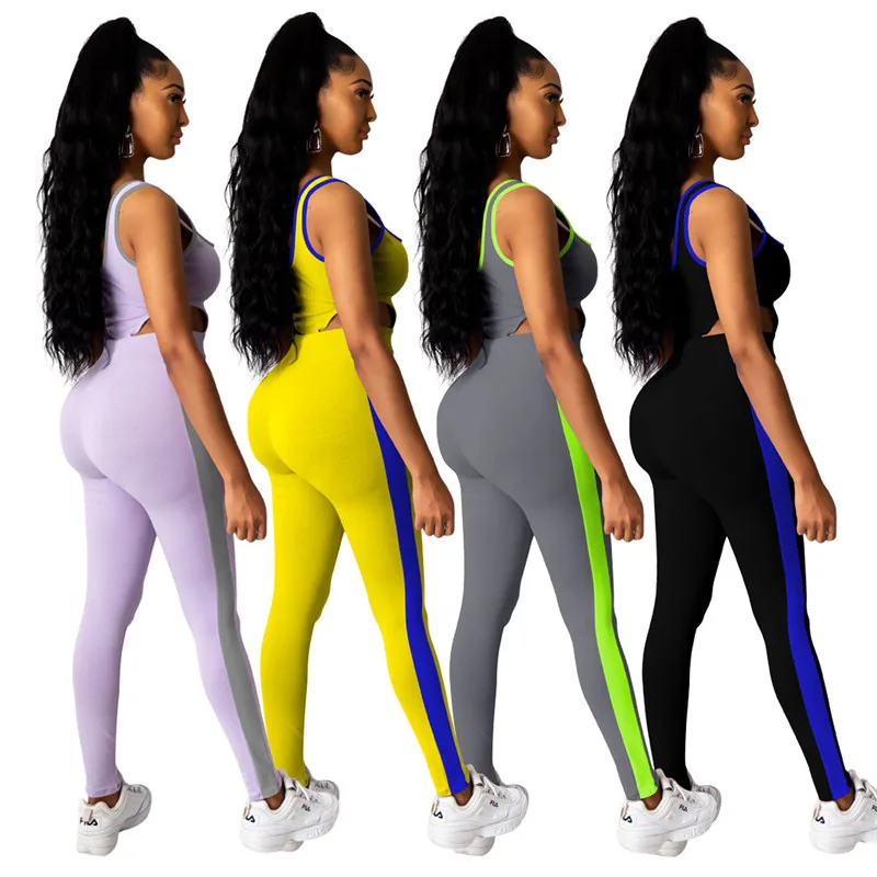 

Women Fitness Sporting Two Piece Set Sexy V-neck Tank Sleeveless Bodysuit and Drawstring Pants Casual Tracksuit Ensemble Femme