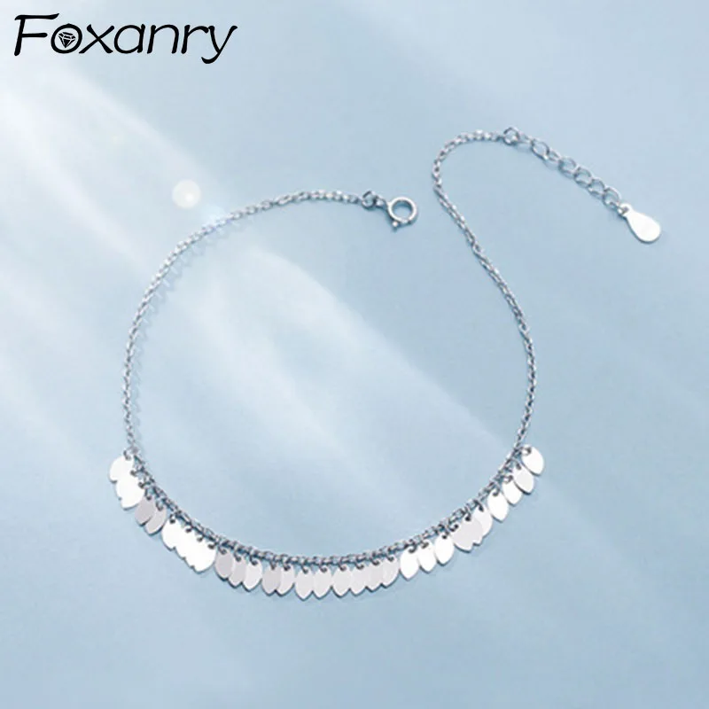 

FOXANRY 925 Stamp Anklets for Women Simple Girl Accessories Trendy Elegant Charming Sweet Leaves Tassel Party Jewelry
