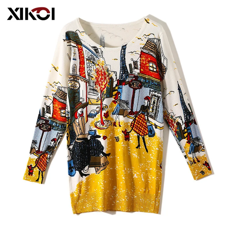 

Print Pullover Womens Sweater Knitted Sweater Women Long Sleeve Loose Jumpers Super Elastic Sweater Pull Femme Free Size