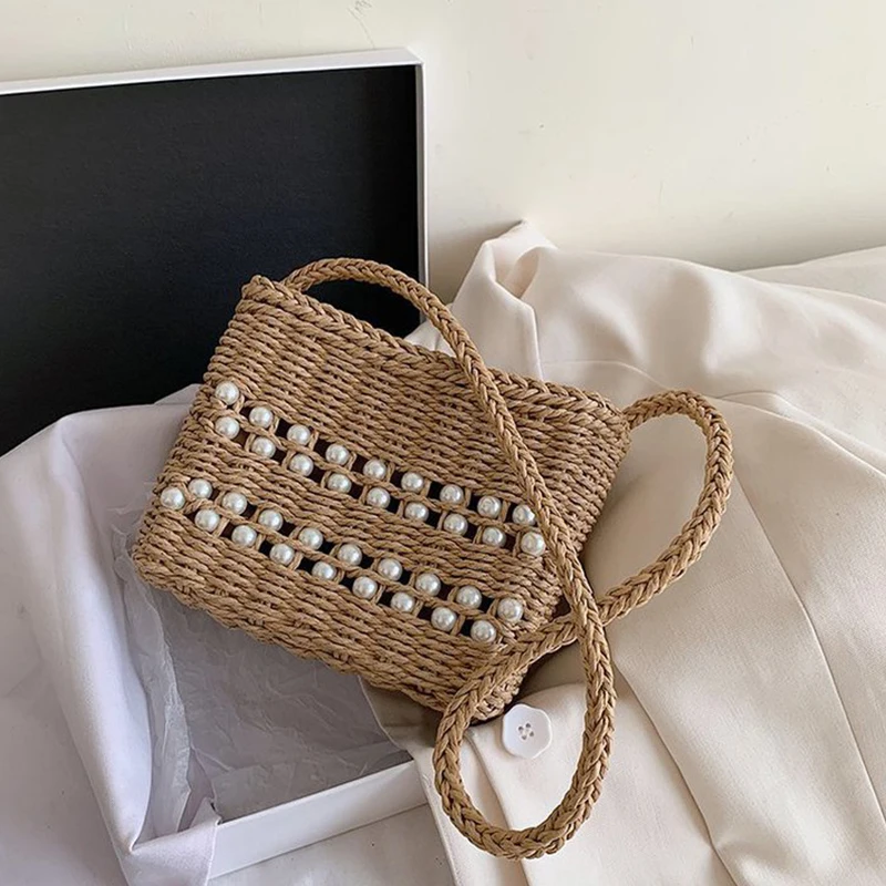 

Fashion Straw Woven Pearl Women's Shoulder Bag High Quality Designer Handbag Woman Summer Travel Beach Shoulder Bag Women 2021