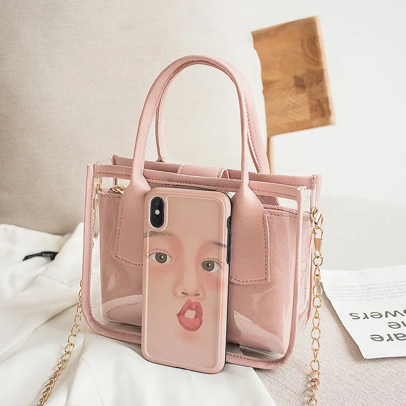 

2pcs/set New Luxury Brand Women Transparent Bag Clear Pvc Jelly Small Tote Messenger Crossbody Shoulder Bags Female Handbags