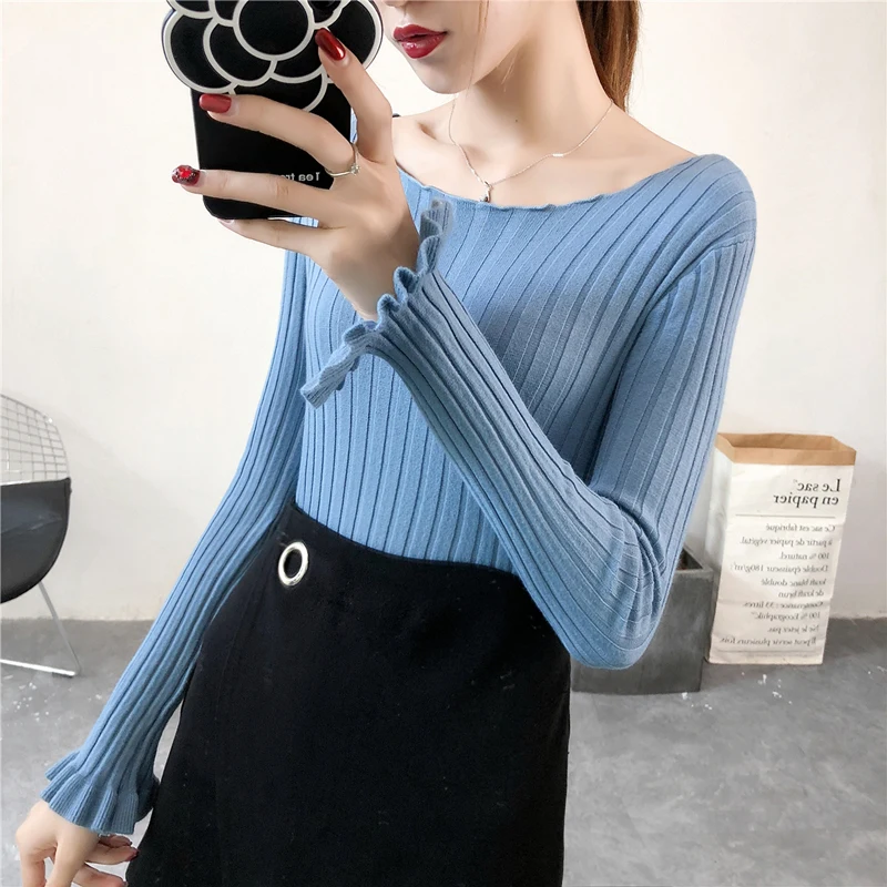 

Autumn 2020 New Long Pullover Inner Wear Women's Fall/Winter Slim off-Neck Bell Sleeve Bottoming Sweater