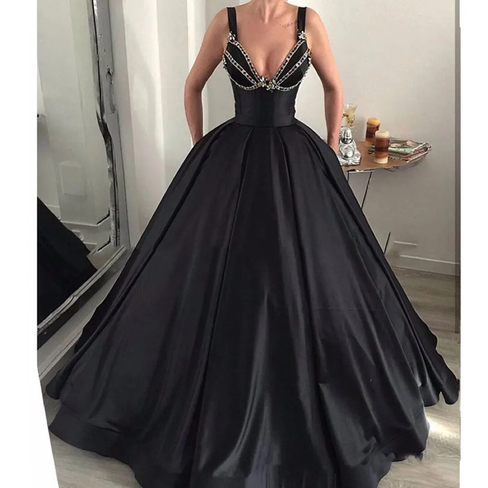 

Spaghetti strap Black Evening Dresses A-line Sweep/Brush Floor length Party Dresses Beading Sleeveless high quality Party Gowns