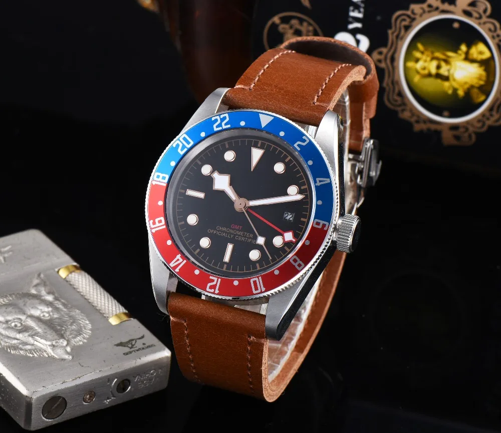 Corgeut 41 мм GMT часы черный циферблат Bay черный и красный ободок кожа механические мужские часы с автоматическим подзаводом