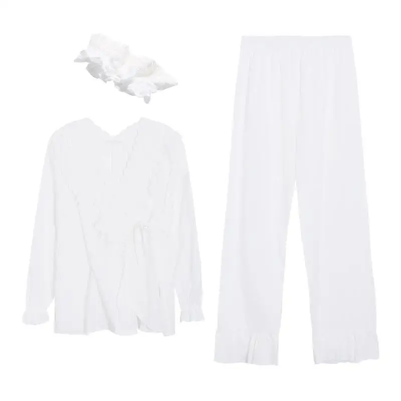 

Korean Autumn Lace Elegant Pure Color Cotton 2022 Pajamas Women White Sweet Palace Style Pajamas Set Home Clothes F30