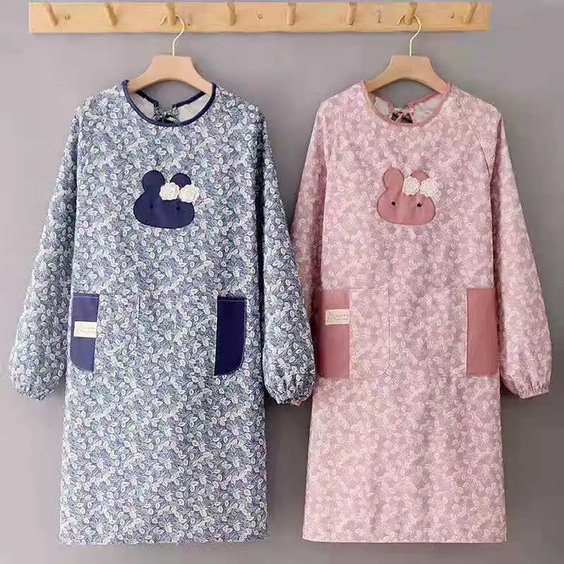 Adult Cute Pure Cotton Home Korean Apron Long Sleeve Breathable Women's Kitchen Cooking Anti-wearing Overalls