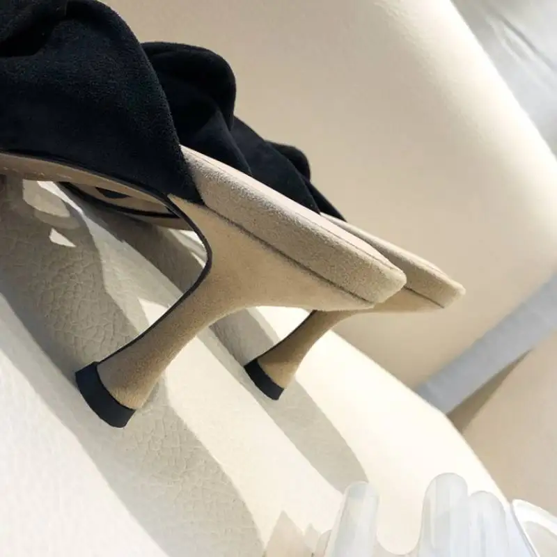 

RizaBina High Heels Sandals Women Real Leather Sweet Bowtie Slides Shoes Women Pointed Toe Casual Party Footwear Size 33-40