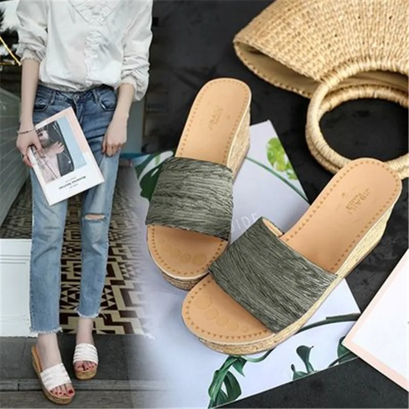 

Casual Platform Wedges Slippers Women Fashion Summer High Heels Slides Shoes Slippers Sandalias Mujer A420 Open Head Beach Solid