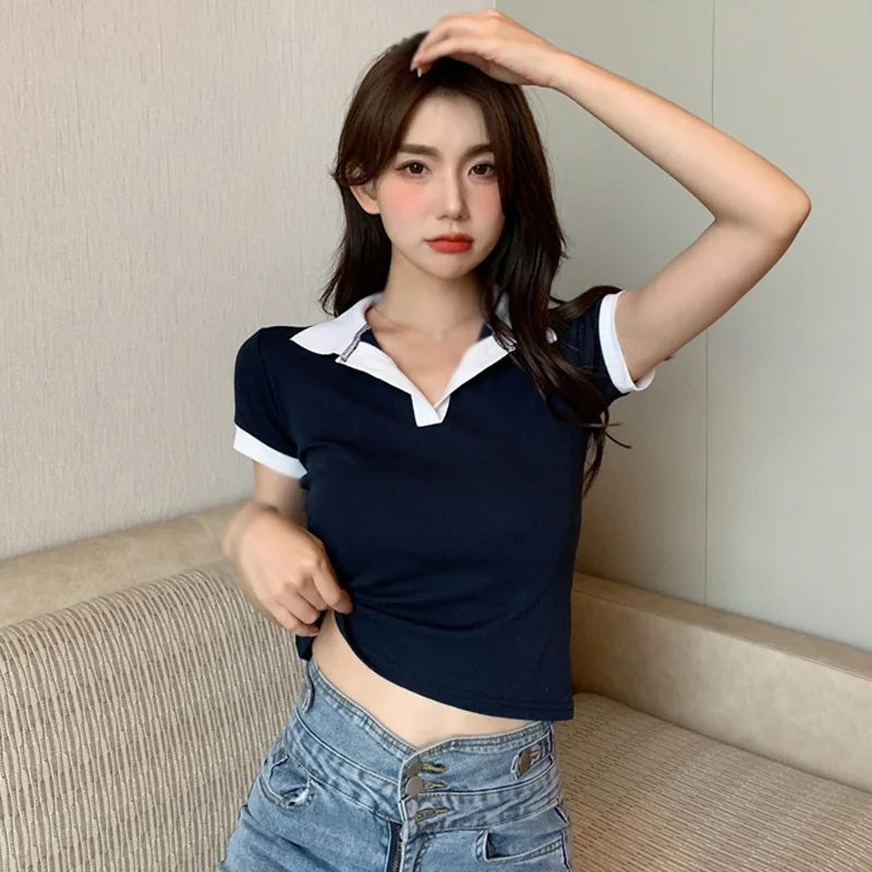 

Summer Women Turn-down Collar Tee Shirt Patchwork Color Casual Slim Tops Female Exposed Navel Short T-Shirt