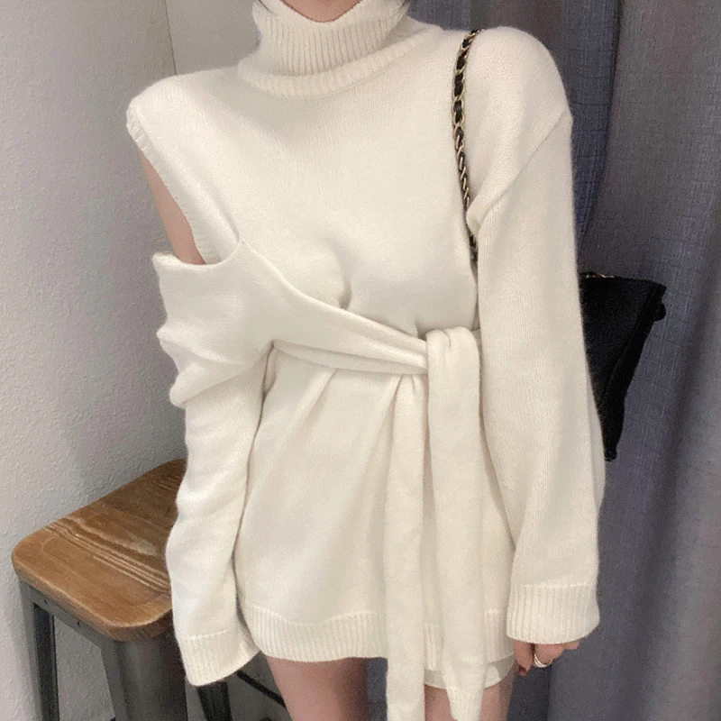 

Kimutomo Women Turtleneck Sweater Winter 2020 Chic Korean Female Solid Off Shoulder Lace Up Knitted Pullovers New Fashion