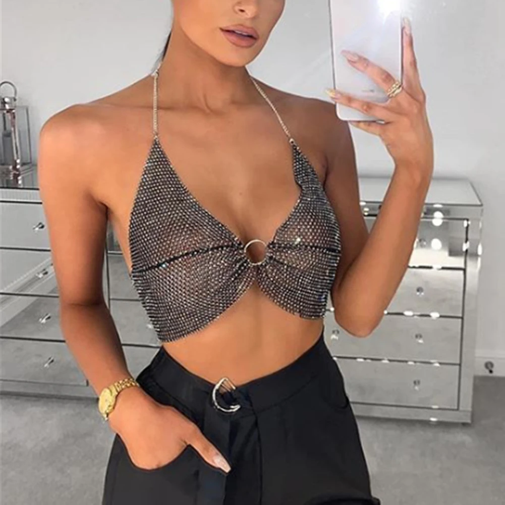 Женский клубный Топ со стразами привлекательный сетчатый бюстгальтер майка на