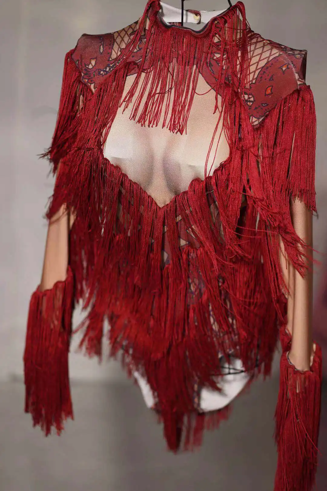Red Fringe Sleeve Skinny Bodysuit DJ Female Singer Show Tights Stage Wear Bar Dancer Sexy Elastic Tassels Leotard Dance Costume