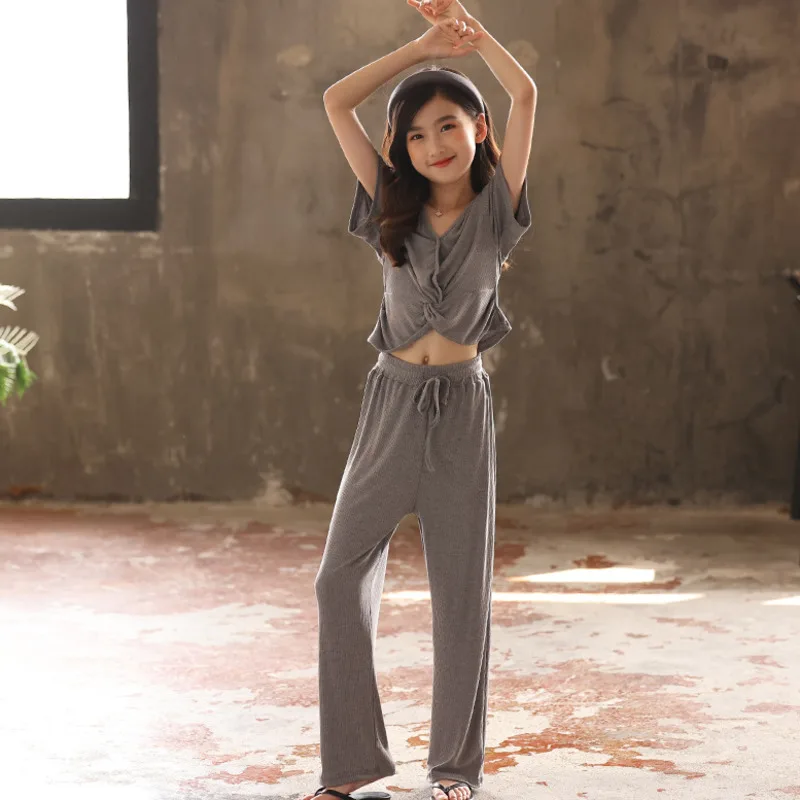 

Малыш девушки Комплекты одежды лето 2021 топы и длинные штаны, наряды из 2 вещей, модная одежда для детей-подростков; Костюмы для девочек серое,...