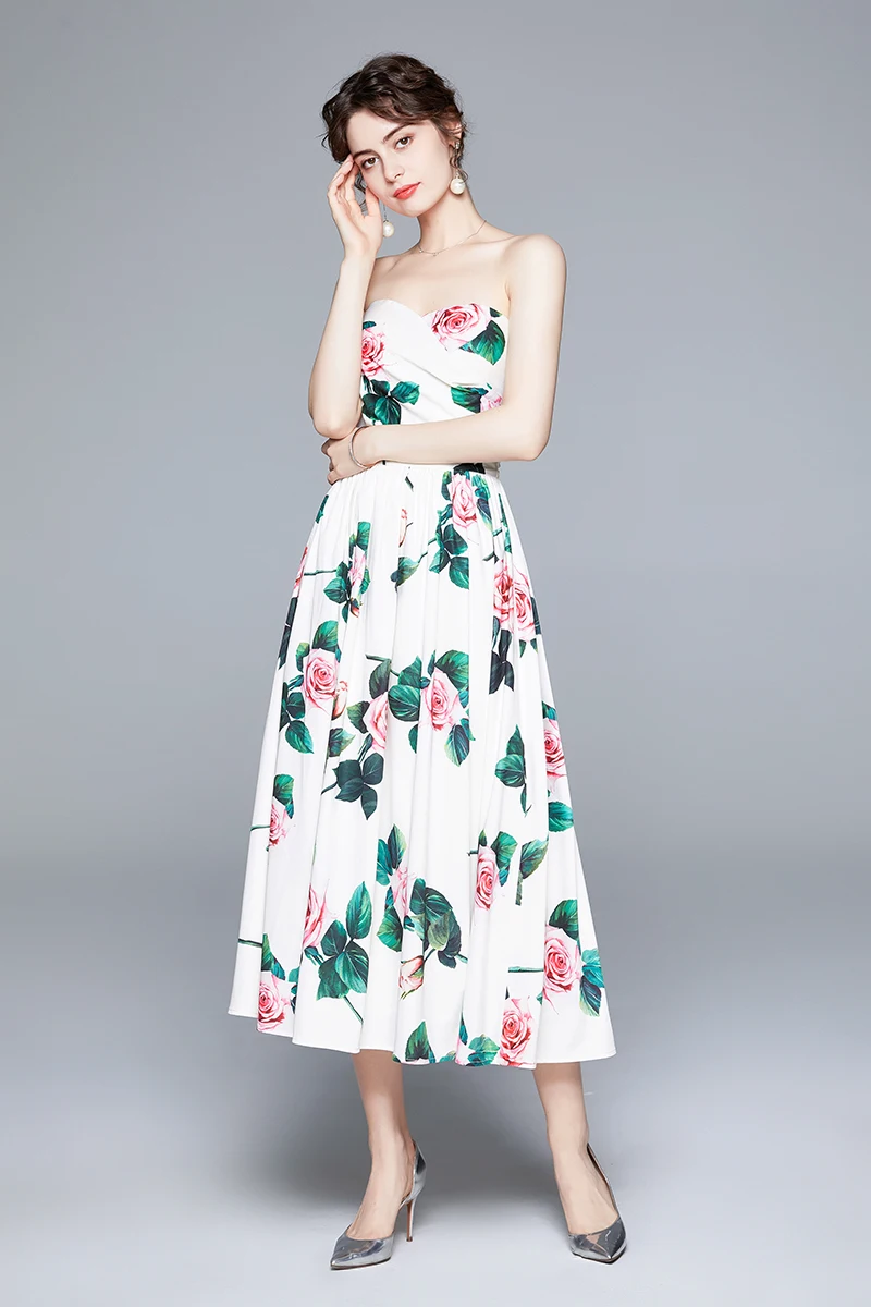 

High Quality summer Fashion Sexy Off Shoulder Flower Dress Women Rose Print Strapless Dresses