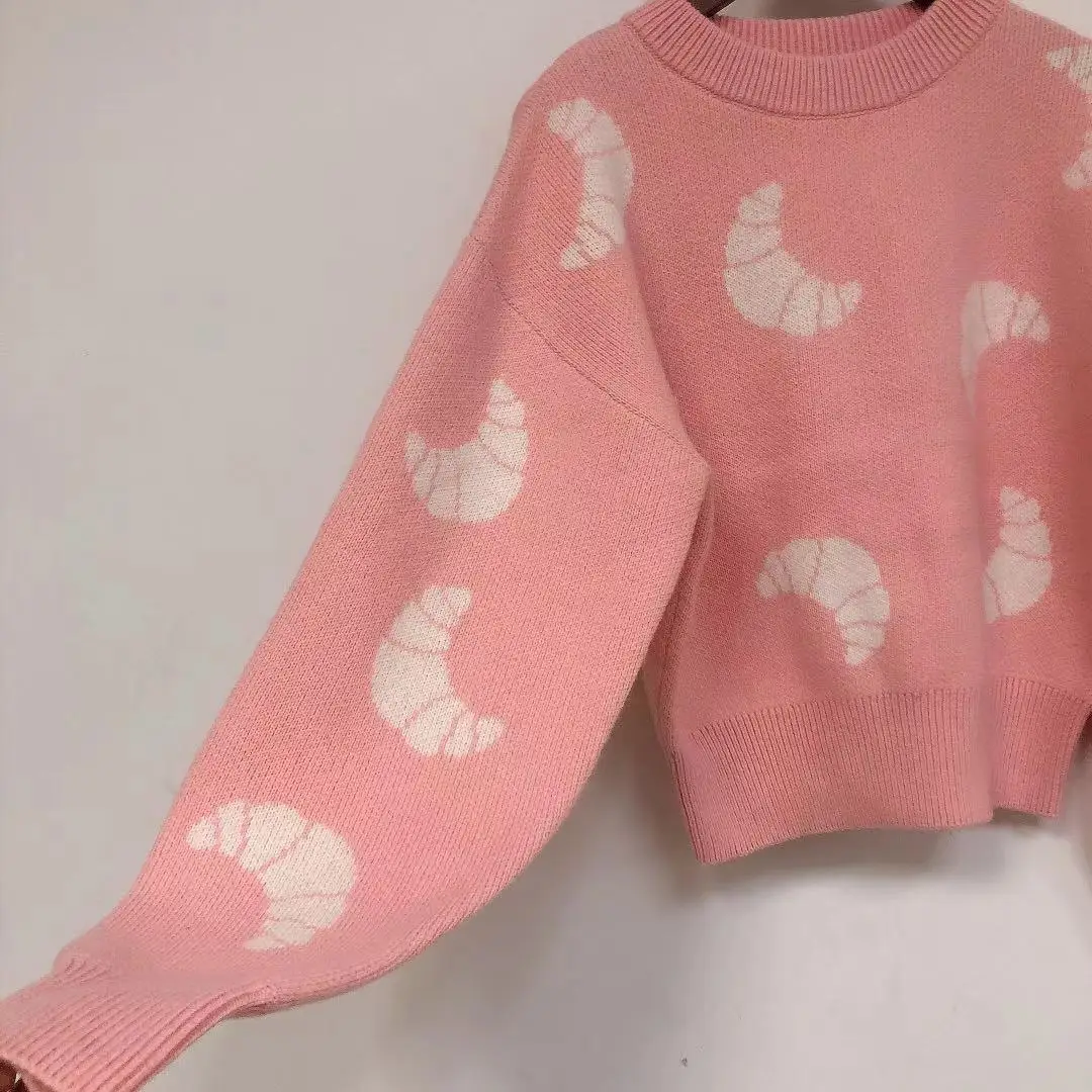 

2021 Women Sweater Pink Knitted O-Neck Long Sleeve Croissant Pattern Pullover Top Female Knitwear Jumper Ladies Clothes