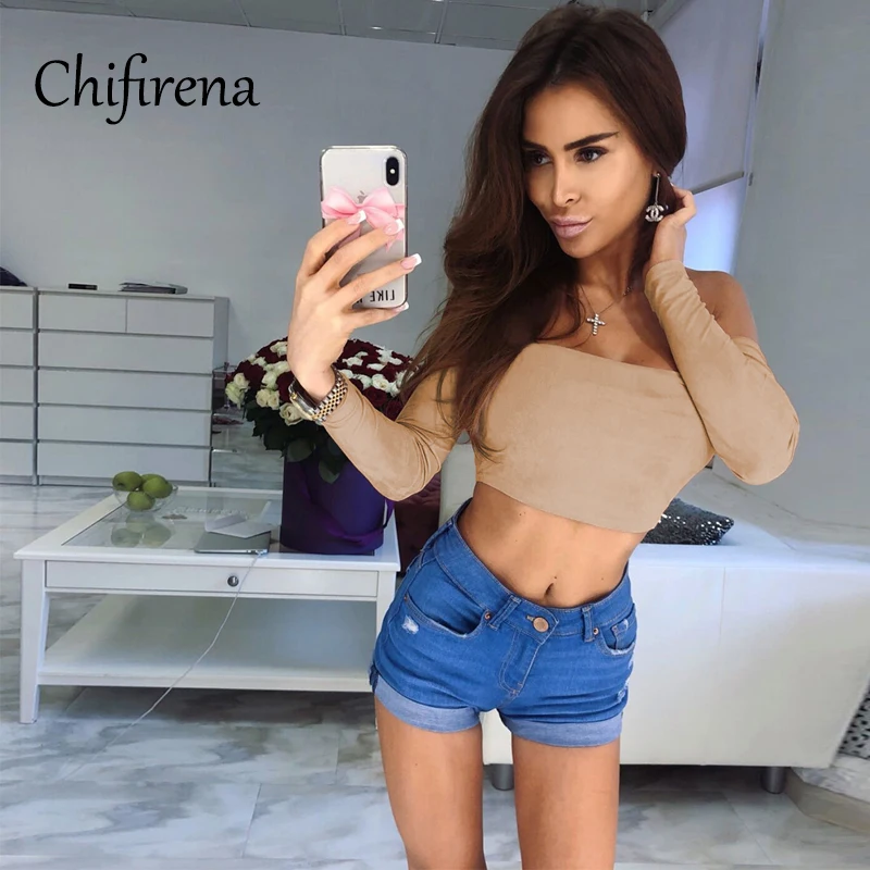 

Chifirena Slash Neck Sexy T Shirts Women Clothing 2021 Long Sleeve Summer Top Exposed Navel Club Party Evening T-shirts Female