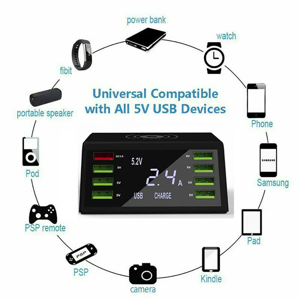 8 портов Быстрая зарядка USB зарядное устройство QC 3,0 умный адаптер питания станция ЖК-дисплей+ беспроводная Быстрая зарядка Eu/US/Au/UK вилка