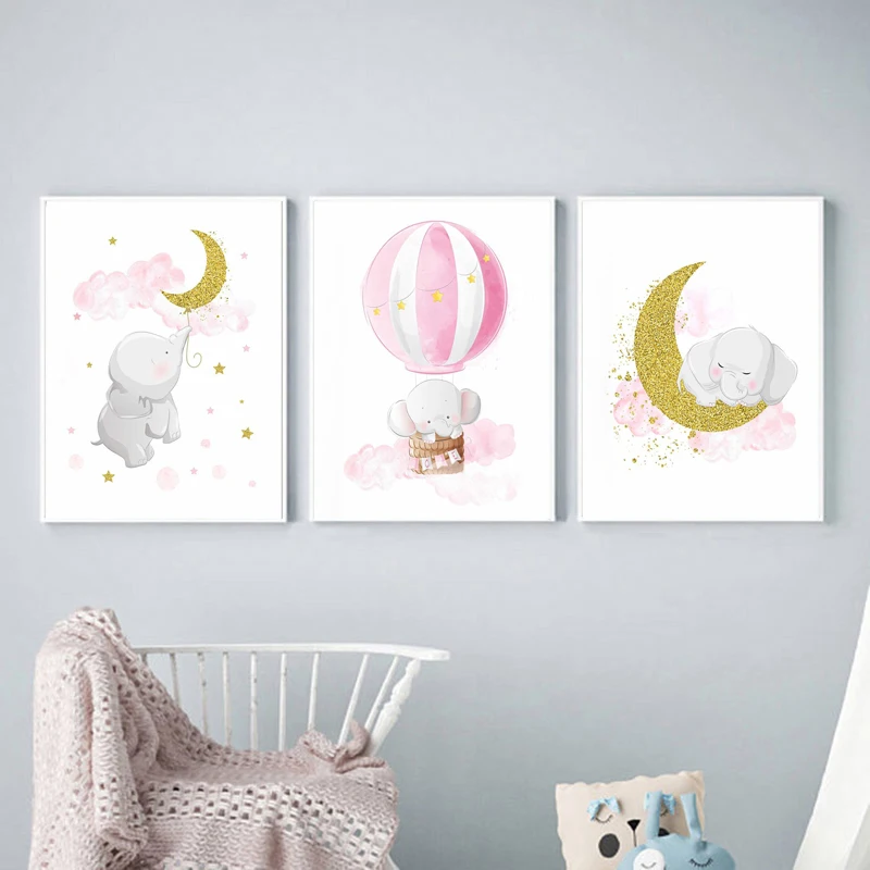 Розовый и золотой слон луна воздушный шар холст Постер печать детская комната