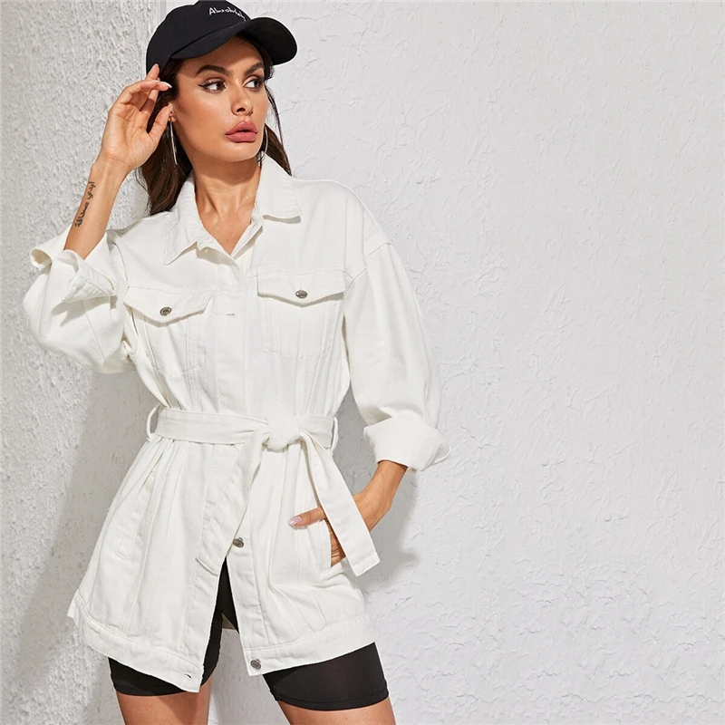 SHEIN белая выбеленная длинная джинсовая куртка с поясом Женская осенне-Весенняя верхняя одежда с воротником на пуговицах