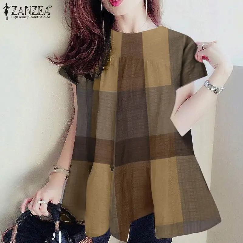 

Holiday Bohemian Thin Loose Fashion Elegant Tops 2022 ZANZEA Summer Women Half Sleeve Blouse O-Neck Grid Printed Buttons Chemise